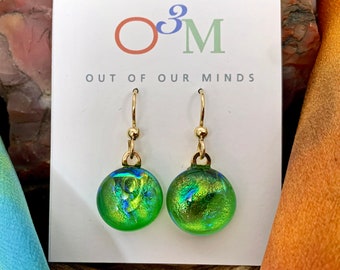 Kauai ~ Dichroic Circle Drop Earrings in Green with Flashes of Gold