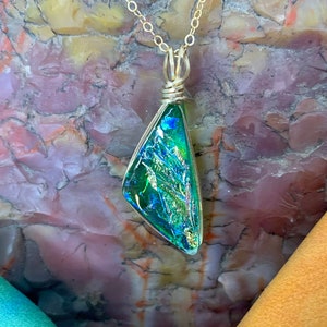 Kauai Dichroic Glass Triangle Pendant in Green with Flashes of Gold image 3