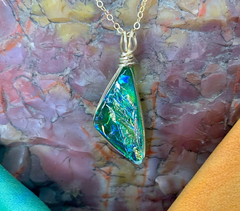 Kauai Dichroic Glass Triangle Pendant in Green with Flashes of Gold image 3