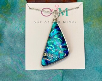 Laguna ~ Striking Dichroic Glass Triangle Pendant in Blues, Greens and Silver