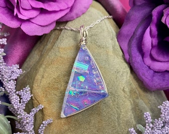 Provence ~ Beautiful Dichroic Glass Large Triangle Pendant in Lavender with Flashes of Cyan