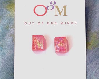 Bermuda ~ Dichroic Glass Rectangle Stud Earrings in Light Coral with Flashes of Gold