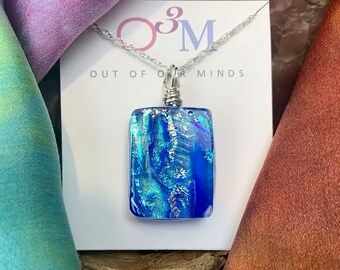 Capri ~ Dichroic Glass Rectangle Pendant with Flashes of Cyan & Silver