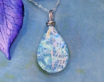 Iceland ~ Dichroic Glass Teardrop Pendant in Pale Aqua with Flashes of Silver