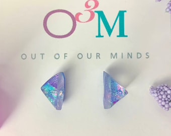 Provence ~ Adorable Dichroic Glass Triangle Studs in Lavender with Rainbow Flashes