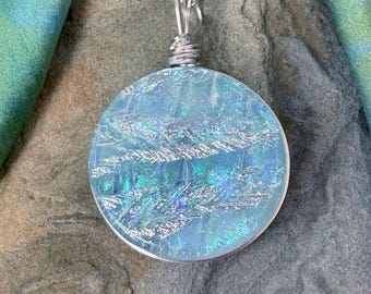 Iceland ~ Large Dichroic Glass Circle Pendant in Pale Aqua with Silver Accents