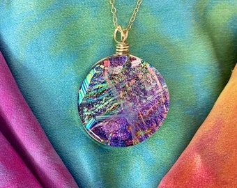 Napa ~ Dichroic Glass Circle Pendant with Flashes of Rainbow Colors