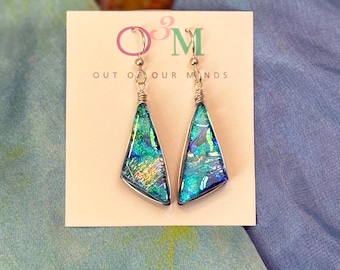 Laguna ~ Gorgeous Dichroic Glass Triangle Dangle Earrings in Blue, Green and Silver