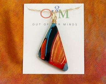 Moab ~ Large Unique Dichroic Glass Triangle Pendant in Cyan, Orange, Copper and Black