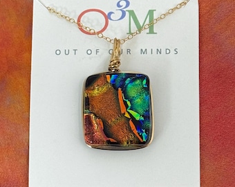 Yosemite ~ Artistic Dichroic Glass Rectangle Pendant in Copper, Green, Black and Gold