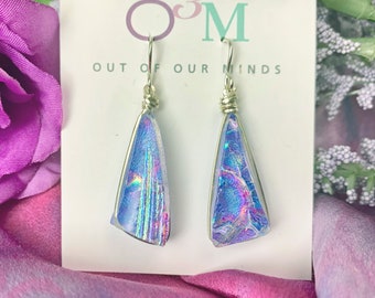 Provence ~ Elegant Dichroic Glass Triangle Dangle Earrings in Lavender with Flashes of Turquoise