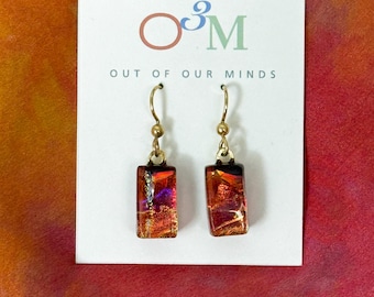 Sedona ~ Striking Dichroic Glass Rectangle Drop Earrings in Rich Shades of Red and Gold