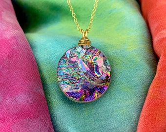 Napa ~ Dichroic Glass Circle Pendant With Flashes of Magenta, Purple and Turquoise