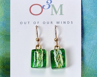 Kauai ~ Dichroic Glass Rectangle Drop Earrings in Shades of Green and Gold