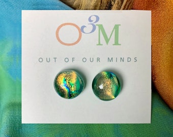 Kauai ~ Dichroic Glass Round Studs in Spring Green with Flashes of Gold