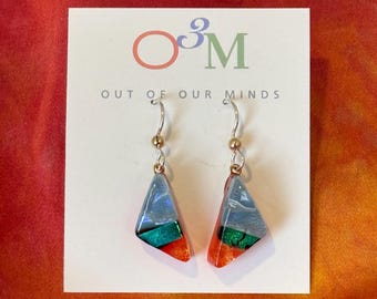 Moab ~ Dichroic Glass Triangle Drop Earrings in Cyan, Orange-Red and Silver Blue