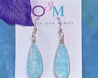Iceland ~ Elegant Teardrop Dichroic Dangle Earrings in Pale Shades of Blue-Green with Flashes of Silver