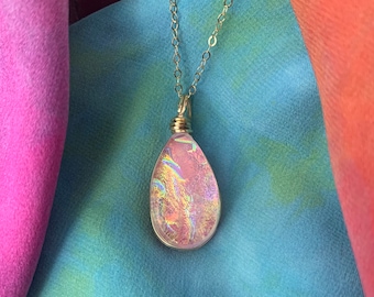 Bermuda ~ Dichroic Glass Teardrop Pendant with Flashes of Gold, Pink and Coral