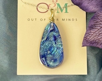 Capri ~ Striking Dichroic Glass Teardrop Pendant in Shades of Blue with Streaks of Silver and Cyan