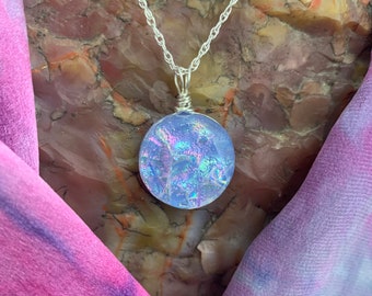 Provence ~ Amazing Dichroic Glass Small Circle Pendant in Soft Shades of Lavender with Rainbow Flashes