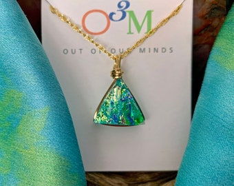 Limerick ~ Dichroic Triangle Pendant in Green with Flashes of Gold