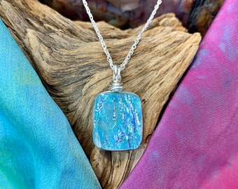 Monterey ~ Dichroic Glass Rectangle Pendant Beautiful Blue with Flashes of Silver