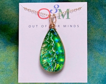 Kauai ~ Dichroic Glass Large Teardrop Pendant in Shades of Green and Gold