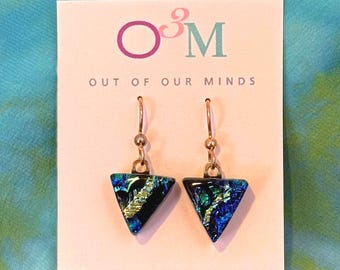 Laguna ~ Funky Dichroic Glass Triangle Drop Earrings in Blue, Black and Silver