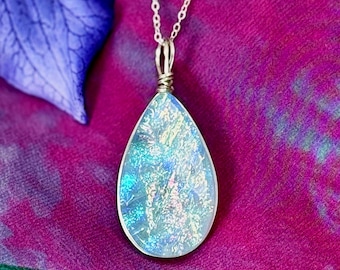 Iceland ~ Dichroic Glass Teardrop Pendant in Shades of Pale Aqua with Flashes of Silver
