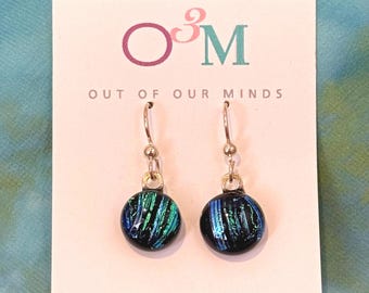 Laguna ~ Dichroic Glass Circle Drop Earrings in Blues and Aqua on Black Background
