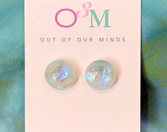 Iceland ~ Dichroic Glass Round Studs in Pale Aqua with Blue Accents