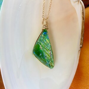 Kauai Dichroic Glass Triangle Pendant in Green with Flashes of Gold image 2