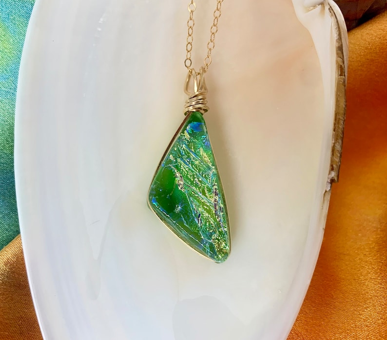 Kauai Dichroic Glass Triangle Pendant in Green with Flashes of Gold image 2