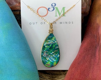 Limerick – Dichroic Teardrop Pendant with Flashes of Silver & Gold