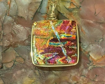 Sedona ~ Large Square Dichroic Glass Pendant in Warm Reds, Oranges and Gold with Rainbow Accents