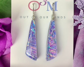Provence ~ Elegant Dichroic Glass Elongated Triangle Dangle Earrings in Shades of Lavender with Flashes of Pink and Turquoise