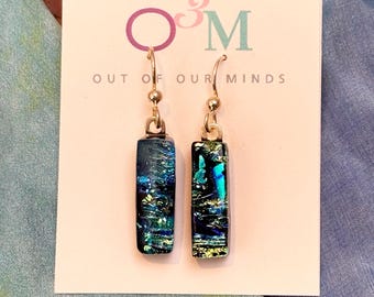 Laguna ~ Elongated Dichroic Glass Rectangle Drop Earrings in Blues, Greens and Black