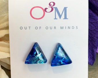 Capri ~ Dichroic Glass Triangle Shaped Studs in Deep Blue and Aqua