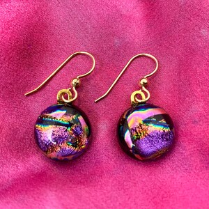 Skye Dichroic Circle Drop Earrings in Purple and Pink with Flashes of Gold image 5
