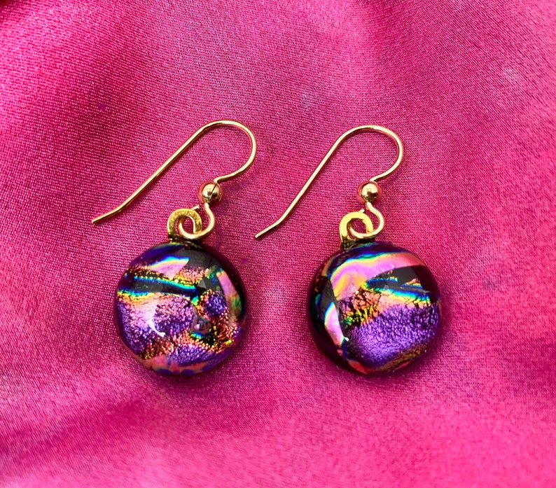 Skye Dichroic Circle Drop Earrings in Purple and Pink with Flashes of Gold image 5