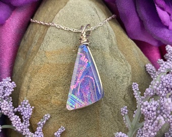 Provence ~ Unique Dichroic Glass Triangle Pendant in Lavender with Accents of Pink and Turquoise