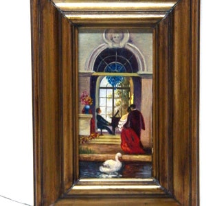 Pintura Miniatura, Antiguo Óleo sobre Cartón, Pintura Escena Victoriana Años 40, La Música, Daniel Pastor, Escena Romántica, Óleo Miniatura