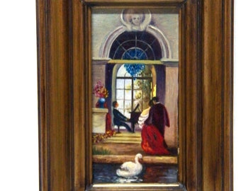 Miniature Painting, Antique Oil on Cardboard, Victorian Scene Painting 40s, The Music, Daniel Pastor, Romantic Scene, Miniature Oil