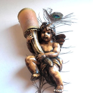 Antique Angel Lamp, Spanish Lamp, Parchment Tulip, Wall Lamp, Plaster Angel, Cherub Wall Lamp, Antique Angel, 1950s