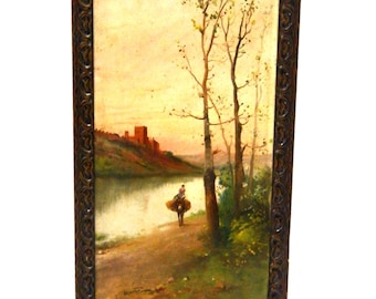 Vieille toile à l’huile XIX, peinture valencienne XIX, paysage impressionniste, château avec peinture de rivière, peinture de paysage, peinture impressionniste