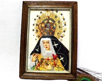 Antique Virgin Postcard, Macarena Postcard, Macarena Virgin Print, Spanish Print 50s, Embroidered Paper Print, Wood Frame, Framed Print