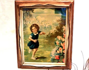 Antique Lithograph Girl, Lithograph 20s, Framed Lithograph, Color Lithograph, Bronze Color Frame, Plastered Wood Frame, Girl Room