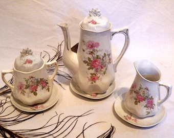 Coffee Set Porcelain 19th, Coffee Set 19th, Germany Porcelain, German Porcelain, 3 Pieces Porcelain with Dishes, Old Tableware Flowers