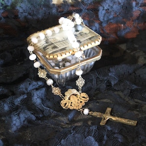 Antique XIX Rosary, Rosary with Box and Veil, Religious Set, Filigree Rosary, Golden Rosary, Catholic Crucifix, Spanish Rosary, Golden.