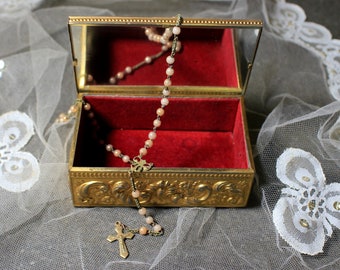 Antique Rosary with Box, Rosary Beads, Crucifix Rosary, Catholic Rosary, Metal Box, Vintage Box